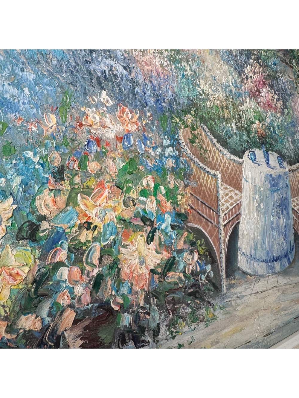 Vintage Oil Painting Floral Garden Patio Signed B. Patel Framed 24 x 20 - Picture 4 of 11